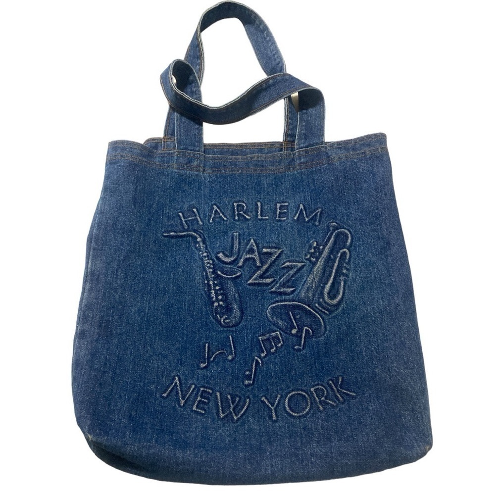 Vintage HARLEM NEW YORK JAZZ Denim Maxi Tote Bag Embossed, Cottagecore Dark Goth